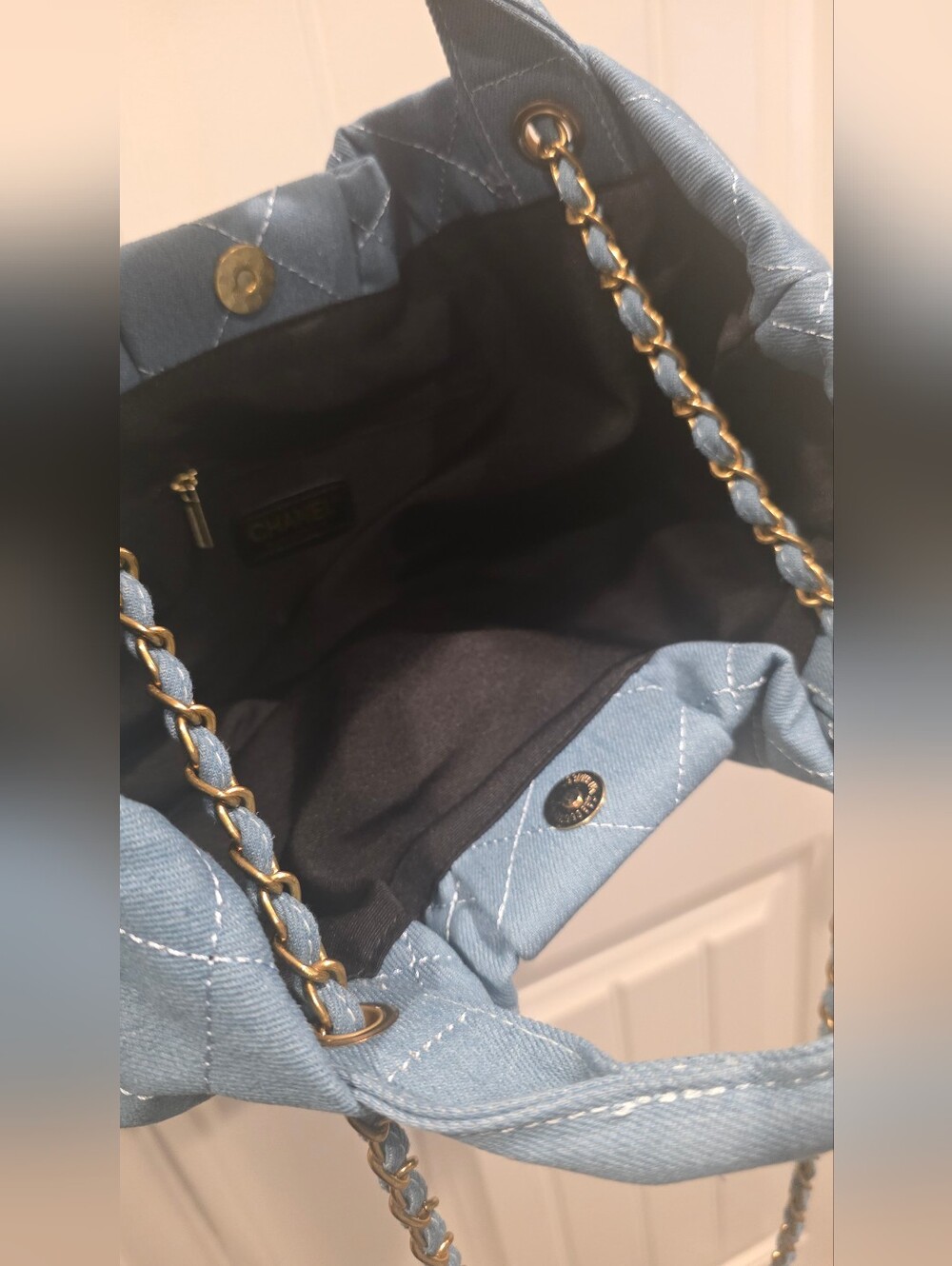Light Blue Denim Quilted Shoulder Bag with Gold-Tone Chain - Picture 3 of 9